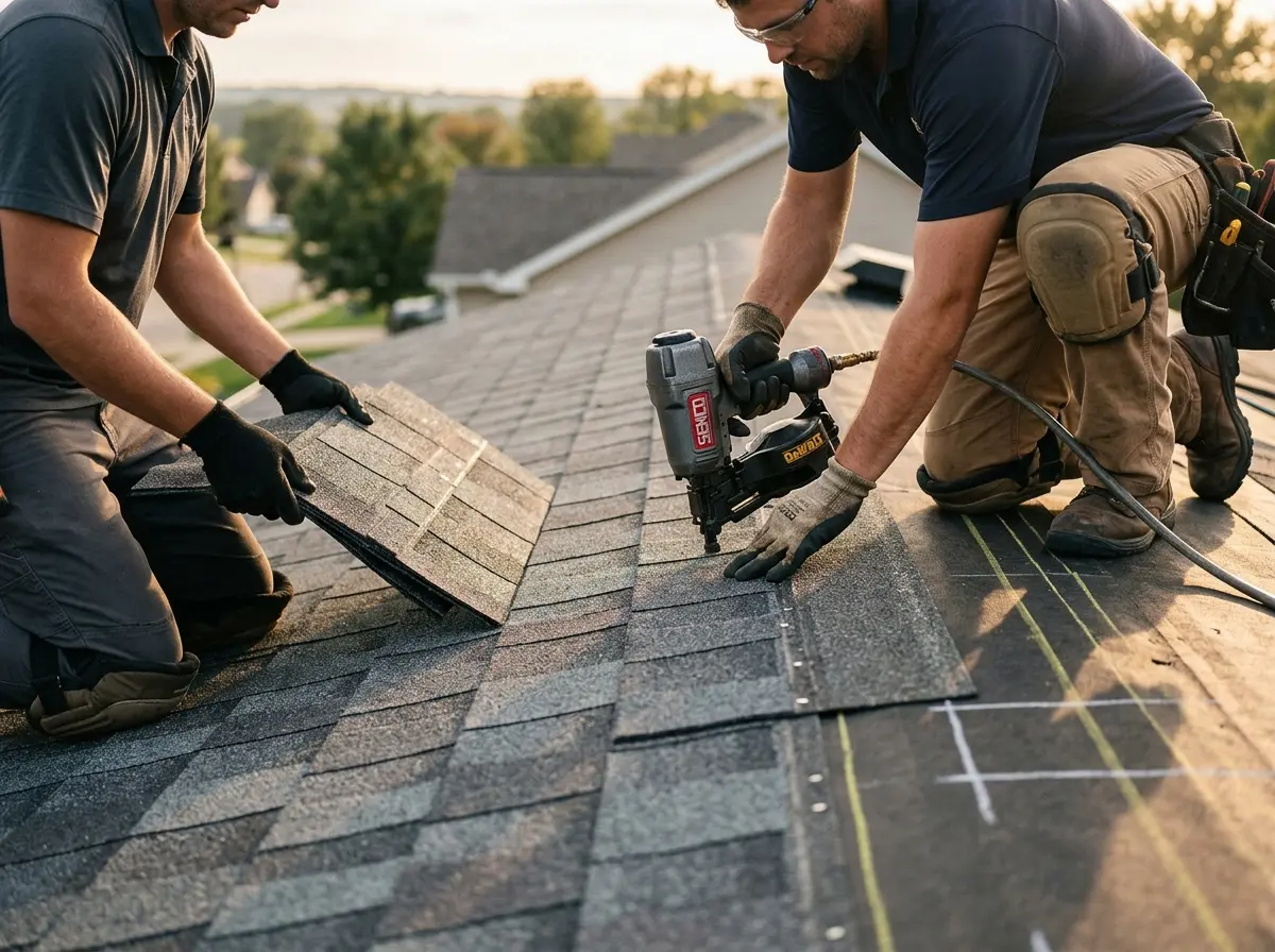 Professional roofer working on a residential roof in Beckett Ridge